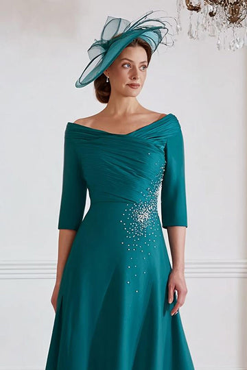 Robe midi mère de la mariée vert paon une ligne avec demi-manches